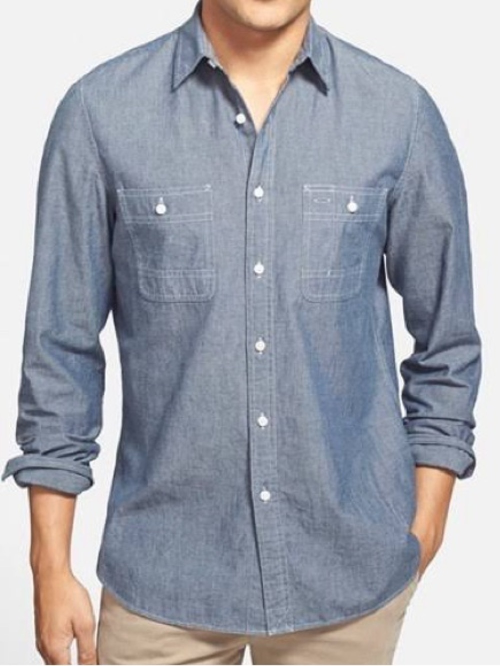 WALLIN & BROS Trim Fit Chambray Long Sleeve Workwear Button Up Shirt - LARGE